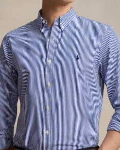 Camicia slim Polo Ralph Lauren a righe bianche e blu in popeline di cotone stretch con colletto button-down