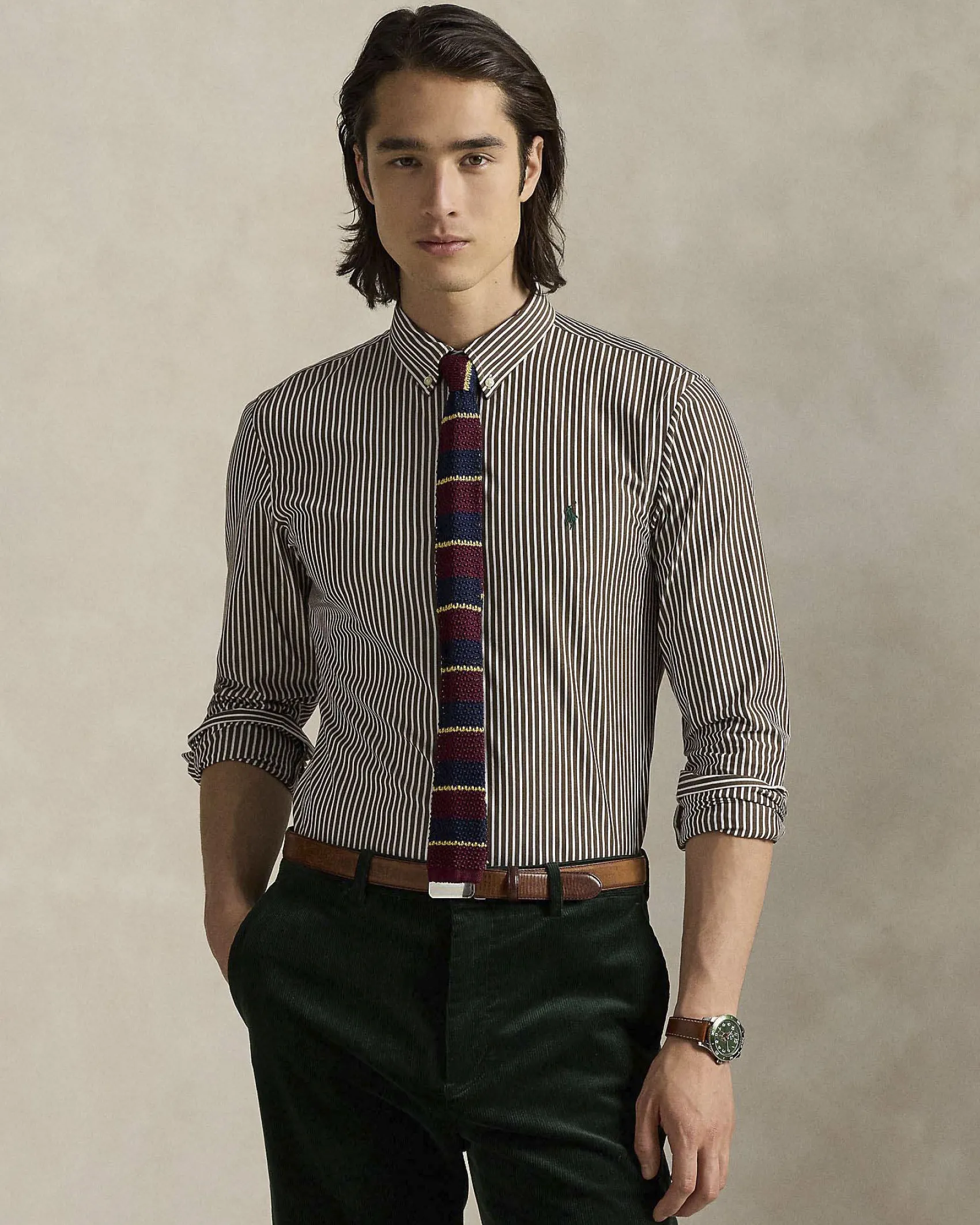 Camicia slim-fit Polo Ralph Lauren a righe bianche e marroni in popeline di cotone stretch con colletto button-down