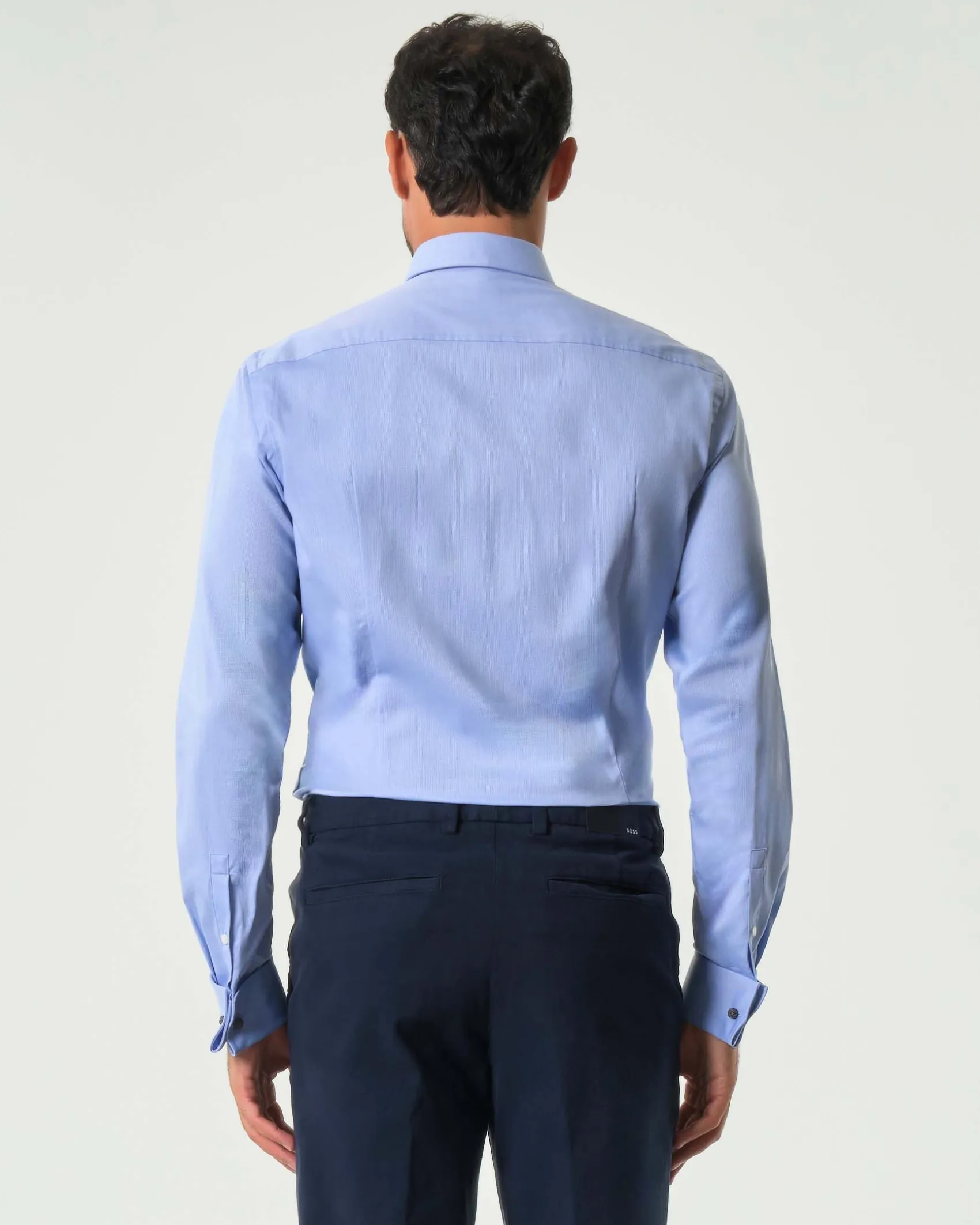 Camicia Spread Boss azzurra in micro piquè di cotone stretch con colletto aperto alla francese e polso doppio