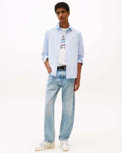 Camicia Tommy Jeans azzurra in popeline di cotone con righe bianche