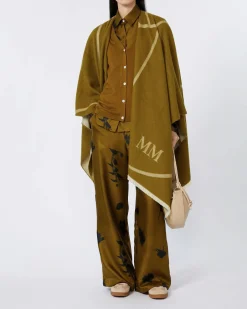 Camicia verde oliva in pura seta a stampa fiori blu MM Max Mara con maniche lunghe