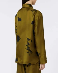 Camicia verde oliva in pura seta a stampa fiori blu MM Max Mara con maniche lunghe