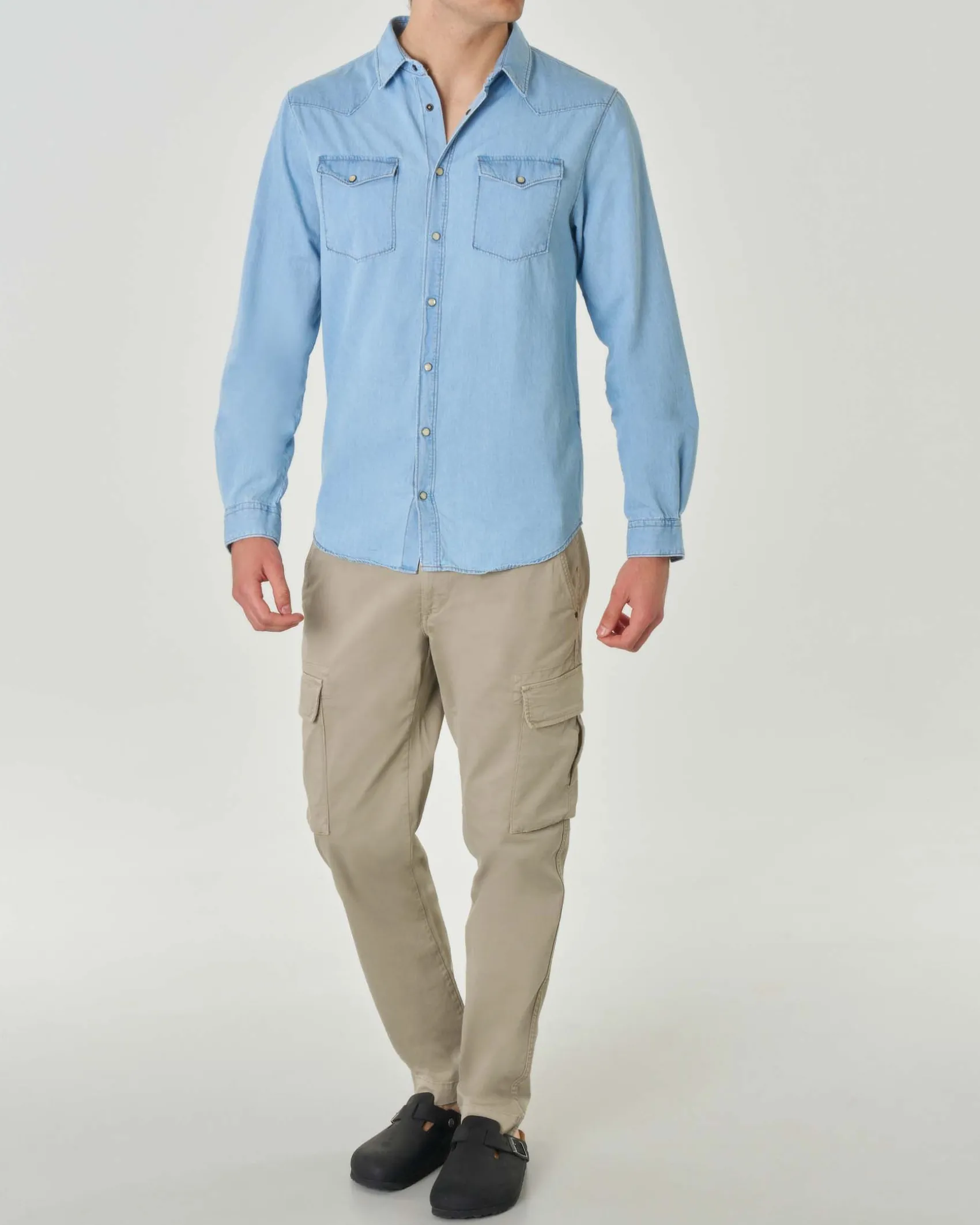 Camicia western in denim di puro cotone lavaggio bleach washed