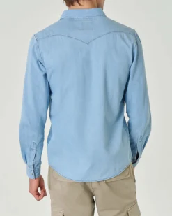 Camicia western in denim di puro cotone lavaggio bleach washed