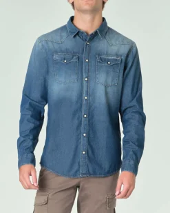 Camicia western My Stuff in denim di puro cotone lavaggio medio stone washed