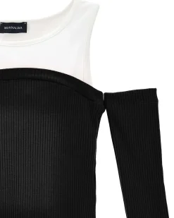 Canotta Monnalisa con manicotti nera e bianca in cotone stretch rifinito a costine