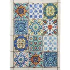 Canovaccio Camastra in lino bianco a fantasia piastrelle siciliane blu