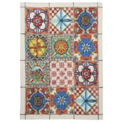 Canovaccio Camastra in lino bianco a fantasia piastrelle siciliane rosse