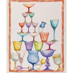 Canovaccio Crystal in lino bianco con stampa bicchieri multicolor e riquadro rosso