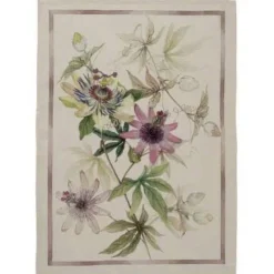 Canovaccio Granadilla in lino bianco con stampa Passiflora e contorno rosa