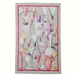 Canovaccio in lino beige a stampa bicchieri Cheers con riquadro fucsia