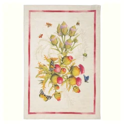 Canovaccio in lino bianco con stampa fiori di carciofo multicolore con riquardo fucsia