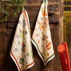 Canovaccio in lino bianco a stampa palline di Natale con riquadro rosso