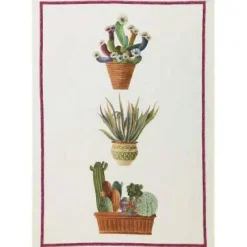 Canovaccio Kactus in lino bianco a fantasia stampata multicolor e riquadro viola