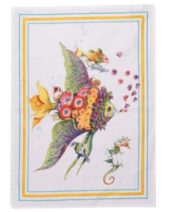 Canovaccio Pesciflora in lino bianco con stampa animali adornati di fiori multicolor e contorno giallo e azzurro