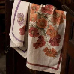 Canovaccio Poppy in lino bianco con stampa papaveri bordeaux e arancione