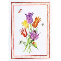 Canovaccio Tulli in lino bianco con stampa tulipani e contorno rosso