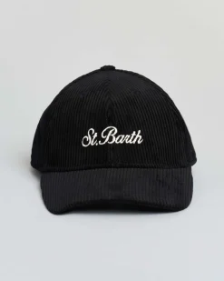 Cappello nero MC2 Saint Barth in velluto a coste con scritta logo ricamata a contrasto di colore
