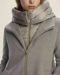 Cappottino grigio Emme Marella in tessuto diagonale con pettorina e cappuccio imbottiti in nylon removibili