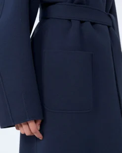 Cappotto blu al ginocchio MM Max Mara in Jersey di double di cotone con scollo a V e cintura in vita
