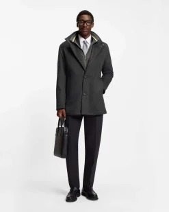 Cappotto Boss Coxtan grigio antracite in misto lana e cashmere con pettorina imbottita staccabile