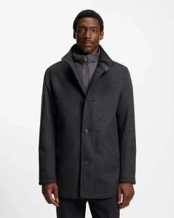Cappotto Boss Coxtan grigio antracite in misto lana e cashmere con pettorina imbottita staccabile