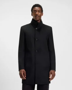 Cappotto Boss Hyde Stand Up nero in panno di lana e cashmere con colletto alto