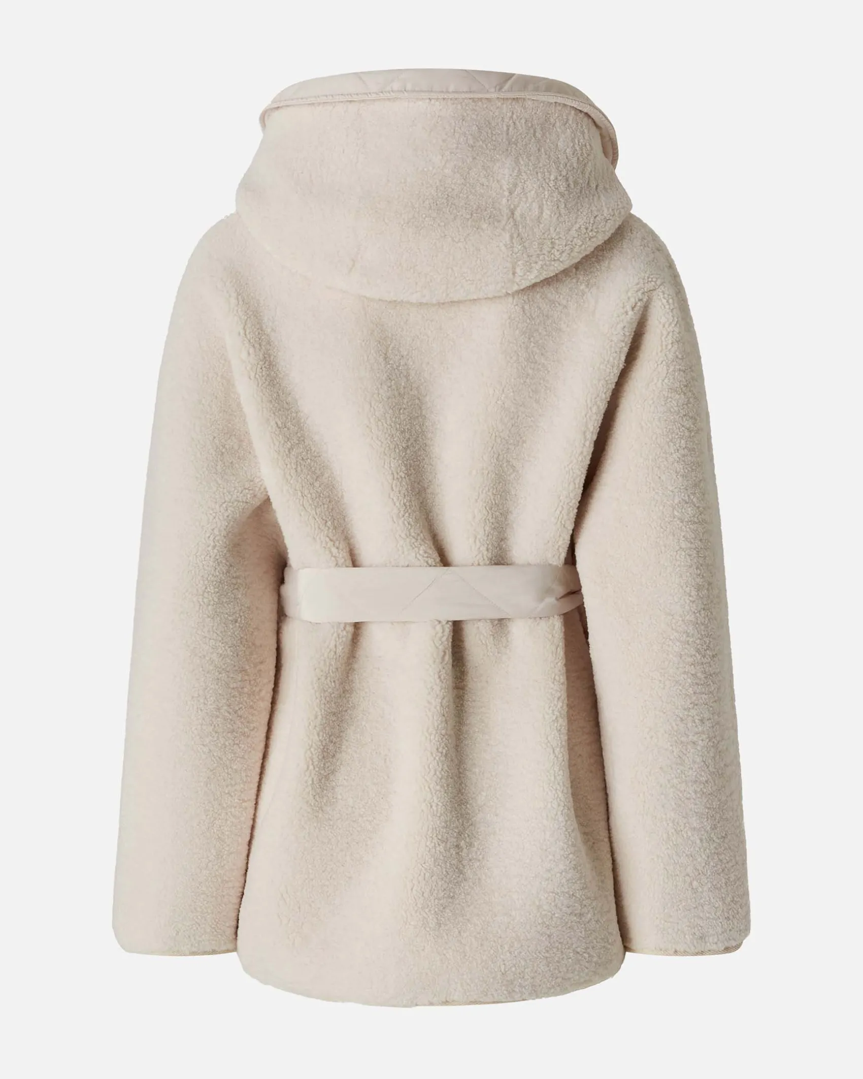 Cappotto color panna Pinko in similpelliccia effetto teddy con cappuccio e profili in tela tecnica abbinata