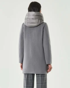 Cappotto grigio Emme Marella in tessuto diagonale con pettorina e cappuccio imbottiti in nylon removibili