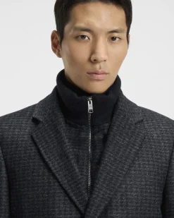 Cappotto Hyde Boss blu in misto lana con motivo pied de poule e davantino in maglia staccabile
