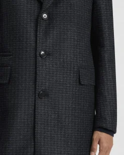 Cappotto Hyde Boss blu in misto lana con motivo pied de poule e davantino in maglia staccabile