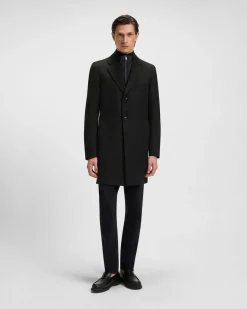 Cappotto Hyde nero slim-fit in panno di misto lana con davantino staccabile