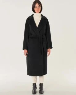 Cappotto lungo a vestaglia nero in lana mohair e alpaca con rever ampio