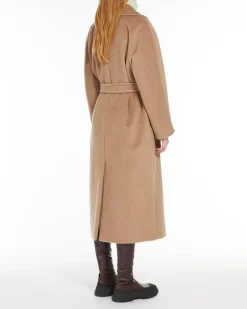 Cappotto lungo a vestaglia color cammello in lana mohair e alpaca con rever ampio