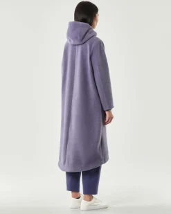 Cappotto lungo color malva Jurerê effetto lana cotta con cappuccio e fondo sul retro più lungo