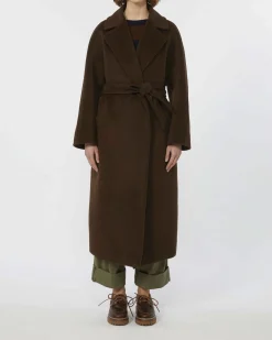 Cappotto lungo marrone Weekend Max Mara in lana, alpaca e mohair con cintura in vita