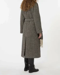 Cappotto lungo Weekend Max Mara in tweed di lana con disegno chevron beige e nero con scollo a V e cintura