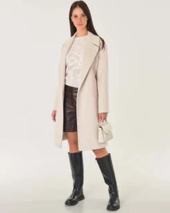Cappotto midi a vestaglia color cacha in drap di pura lana con rever ampio