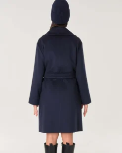 Cappotto midi a vestaglia blu in drap di pura lana con rever ampio