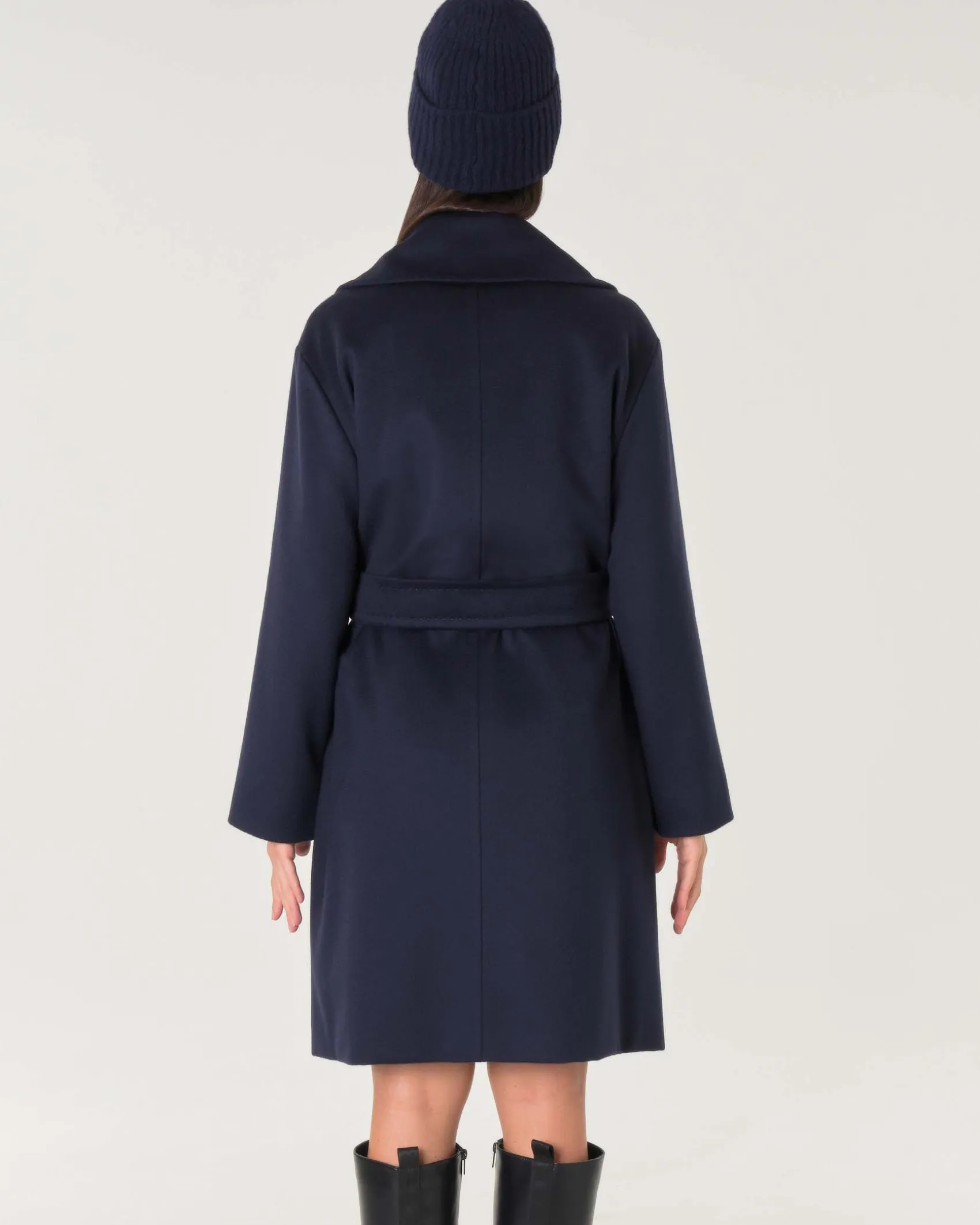 Cappotto midi a vestaglia blu in drap di pura lana con rever ampio