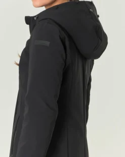 Cappotto nero imbottito Long Lady con profilo removibile in pelliccia lungo il cappuccio fisso
