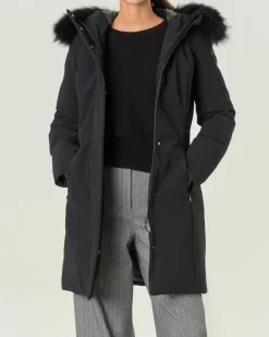 Cappotto nero imbottito Long Lady con profilo removibile in pelliccia lungo il cappuccio fisso