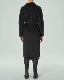 Cappotto nero lungo in panno di misto viscosa con collo a rever e cintura in vita