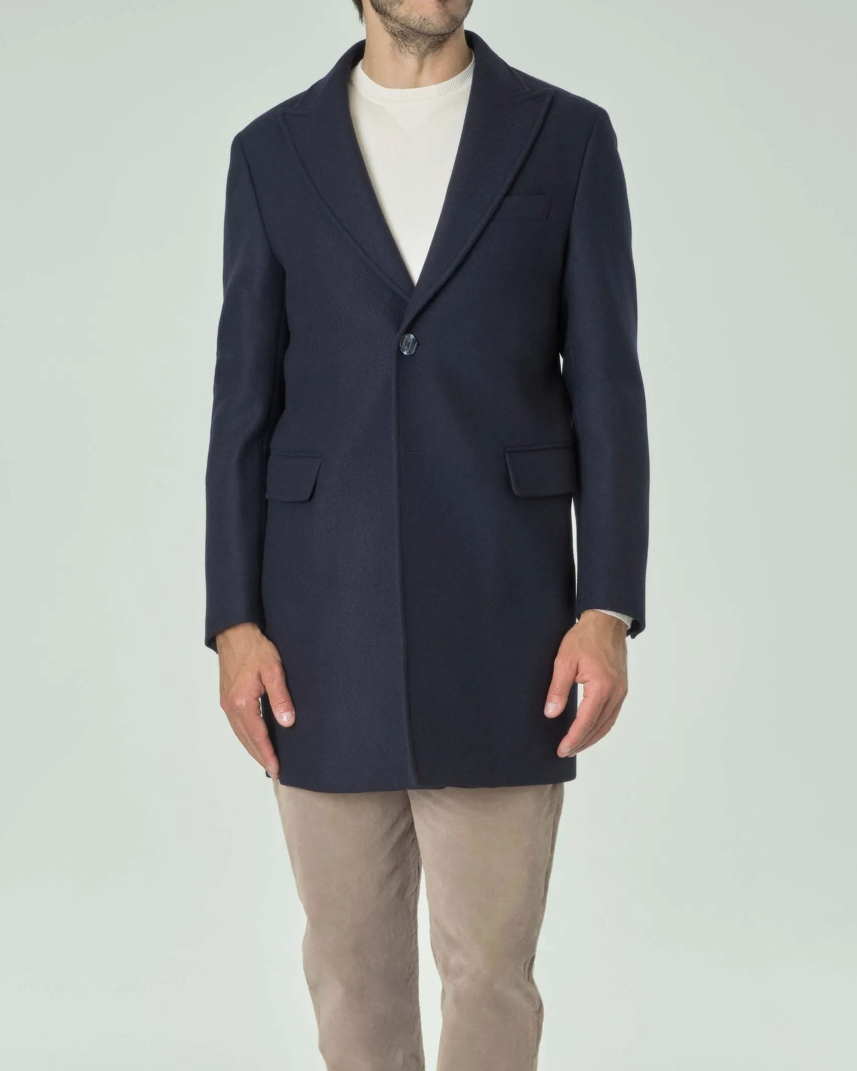 Cappotto Paul Baker blu in panno di lana con rever a lancia