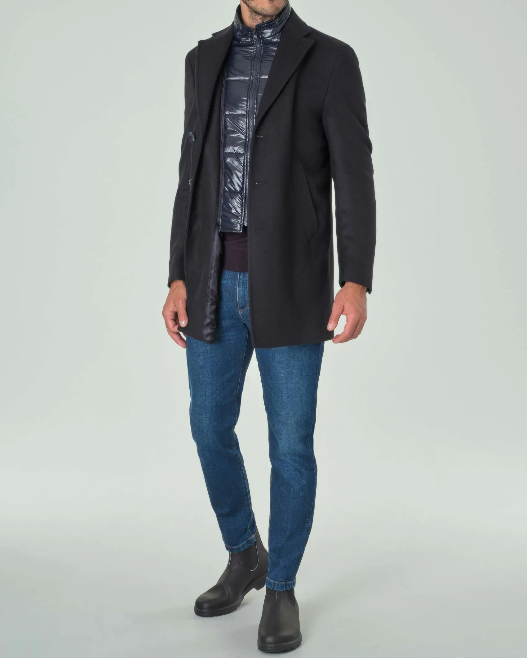 Cappotto Paul Baker blu in panno di misto lana spinata con davantino staccabile