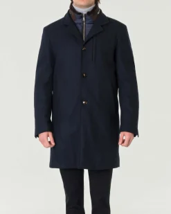 Cappotto Pellizzari blu in panno idrorepellente di misto lana e cashmere con pettorina rimovibile