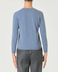 Cardigan azzurro denim girocollo in puro cashmere con chiusura a bottoni tono su tono