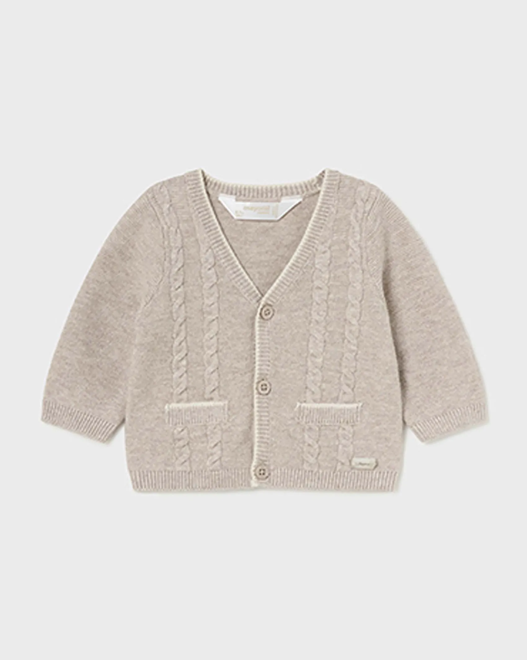 Cardigan beige in misto cotone e lana tricot con trecce