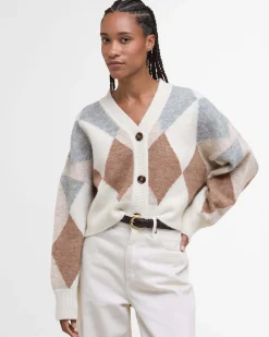 Cardigan bianco Barbour in misto lana a motivo a rombi grigi e cammello