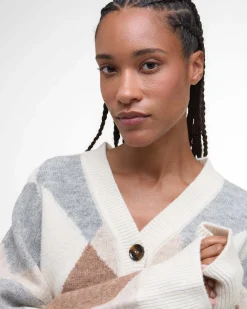 Cardigan bianco Barbour in misto lana a motivo a rombi grigi e cammello